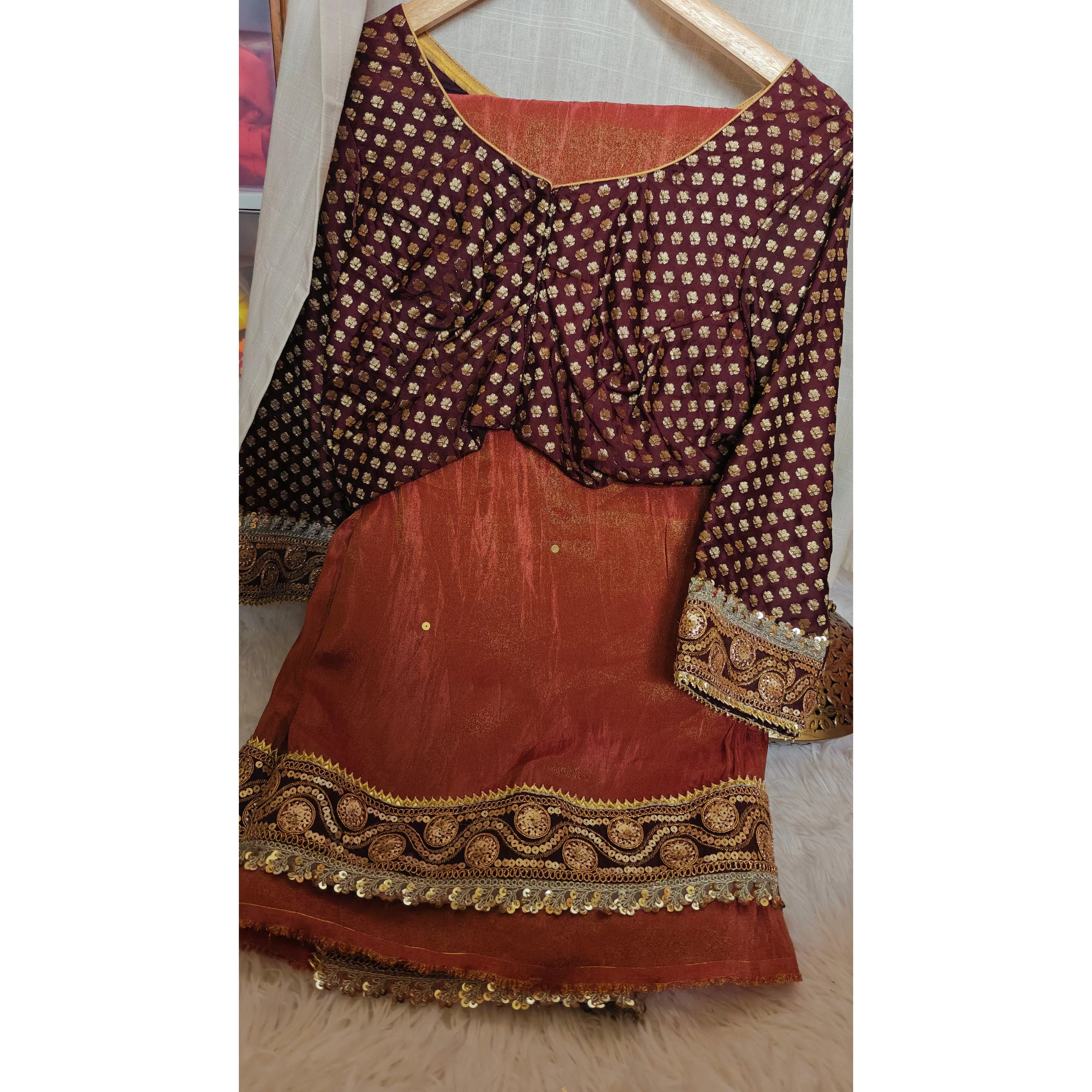Maroon Shimmer Gold Tissue Saree With Stitched Blouse