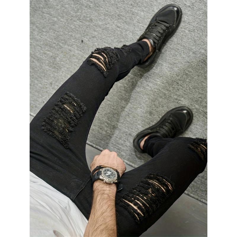 Men's Slim-Fit Black Ripped Jeans - Stretch Denim, Hip-Hop Street Style, Machine Washable Pants Cotton Menswear Trouser