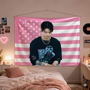 Kpop Golden Maknae Fan Flag Wall Tapestry, Korean Pop Idol Room Decor Banner, Pink Aesthetic Gift for Music Lovers, Birthday Gift