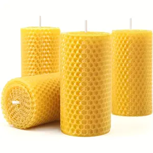 Handmade rolled beeswax candle, 4-piece set, handmade honeycomb beeswax cylindrical candle, bee farm gift, suitable for candle enthusiasts, home decoration, clean air, Relaxing Pressure Candles (4 x 10 cm)