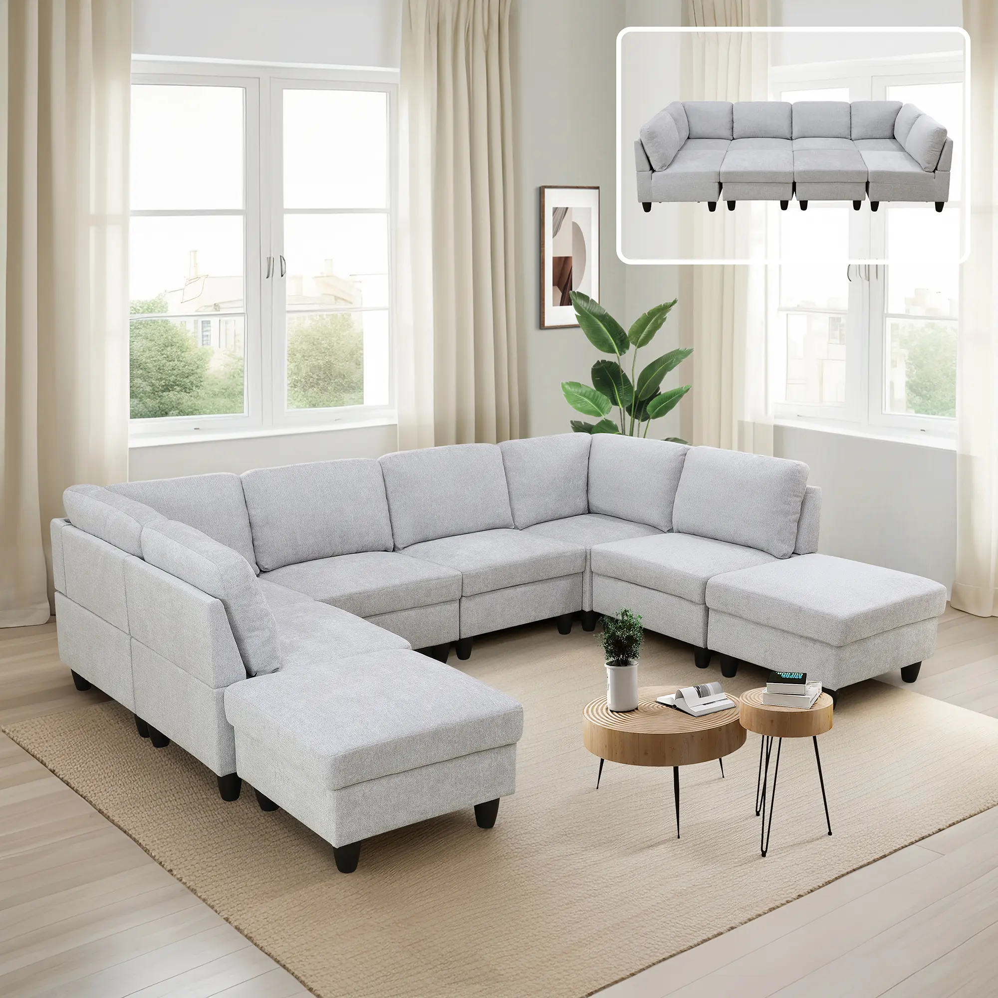 Contemporary Grey-White Flannel Cloth Sofa Combination - Durable Sofa Sets with High-Quality Fabric, Spacious Seating, Low-Maintenance Design for Upscale Living Room Daily Relaxation, Cloth Sofa Sets