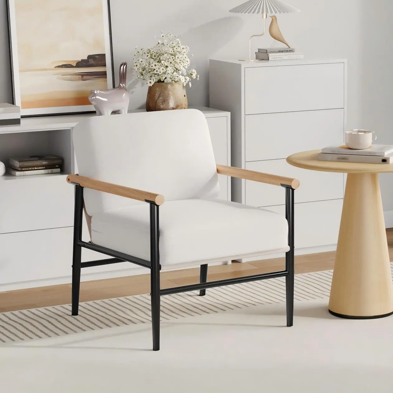 Garvee Modern Beige Accent Chair for Living Room, Comfy Sherpa Reading Chair with Thick Cushion & Iron Frame, Comfortable Armchair for Bedroom Office Dorm Waiting Room