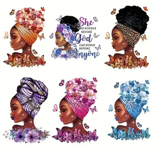6-Piece African Theme Vinyl Iron-On Transfer Patches, Multicolor Washable DIY Heat Press Stickers for Clothes & Backpacks, Floral Butterfly Designs