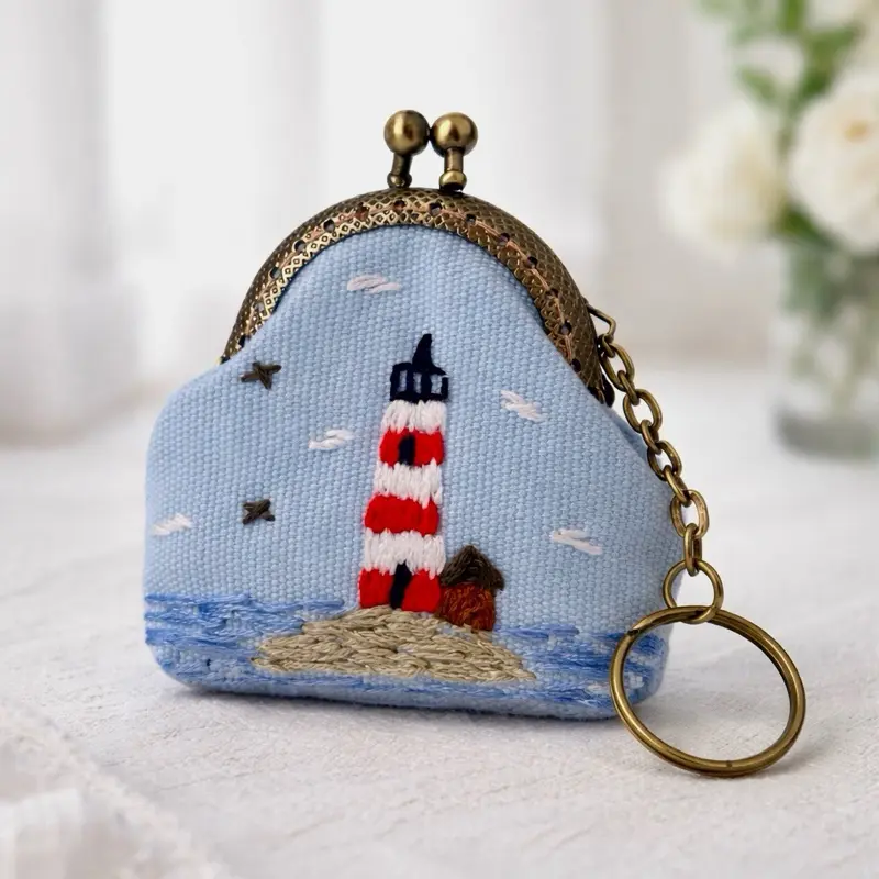 Hand Embroidered Mini Lighthouse Compact Coin Purse Keychain - Handmade Cotton, Practical, Stylish Design Gift for Fashion Accessories Enthusiasts
