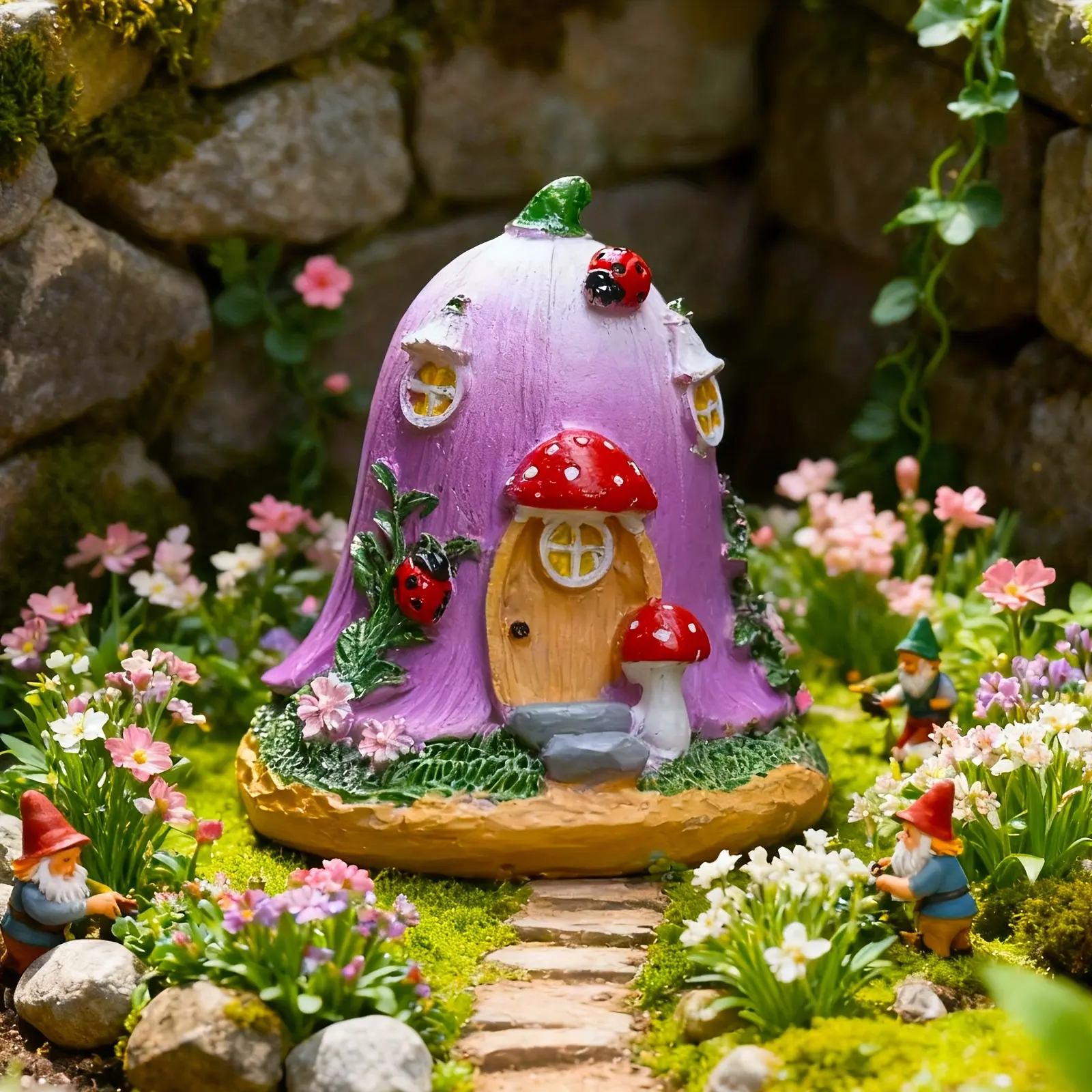1pc Enchanted Fairy House with Magical Door & Mushroom Garden - Purple & Golden Fairy House with Red Door, Green Mossy Base, Miniature Garden Decor for Indoor/Outdoor
