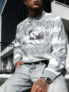 Men’s and women’s styles. Street Life Angel Baby Striped Fashion Printed, Spring and Autumn Long-Sleeve Fitted Casual Polo Shirt. Streetwear. Suitable for Y2K fashion, campus life, back-to-school, queuing, and everyday wear.