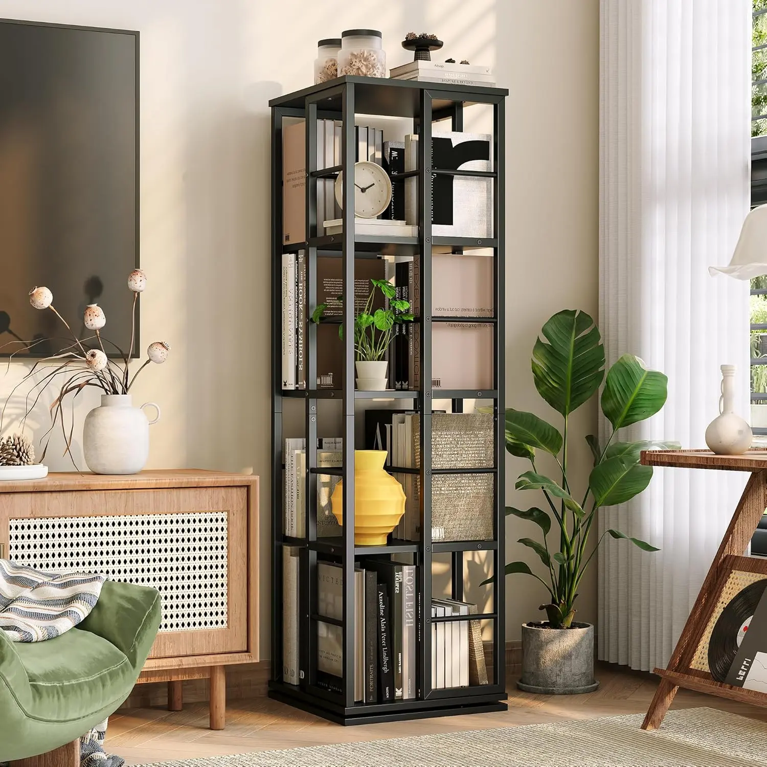 Black 360° Swivel Industrial Wood+Metal Frame Corner Shelf - 4-Tier 54" Tall Narrow Storage System, 15.7"x15.7" Organizer with 12.4" Tall Shelves, Assembly Required, for Small Spaces Commercial Furniture (Space Saving, Quick Access to Books)