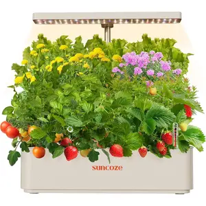 Hydroponics Growing System Kit 12 Pods, 24W LED Grow Light Indoor Garden, 4L Water Tank with Quiet Pump, Adjustable Height Herb Garden Planter Indoor Kit, Gardening Gifts, Beige