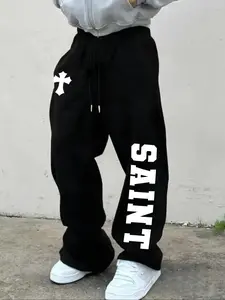 Men's Casual Sporty Long Pants, Saint & Cross Pattern Print, Drawstring Wide Leg, Loose-Fitting, All Seasons Wear, Men's Fashion