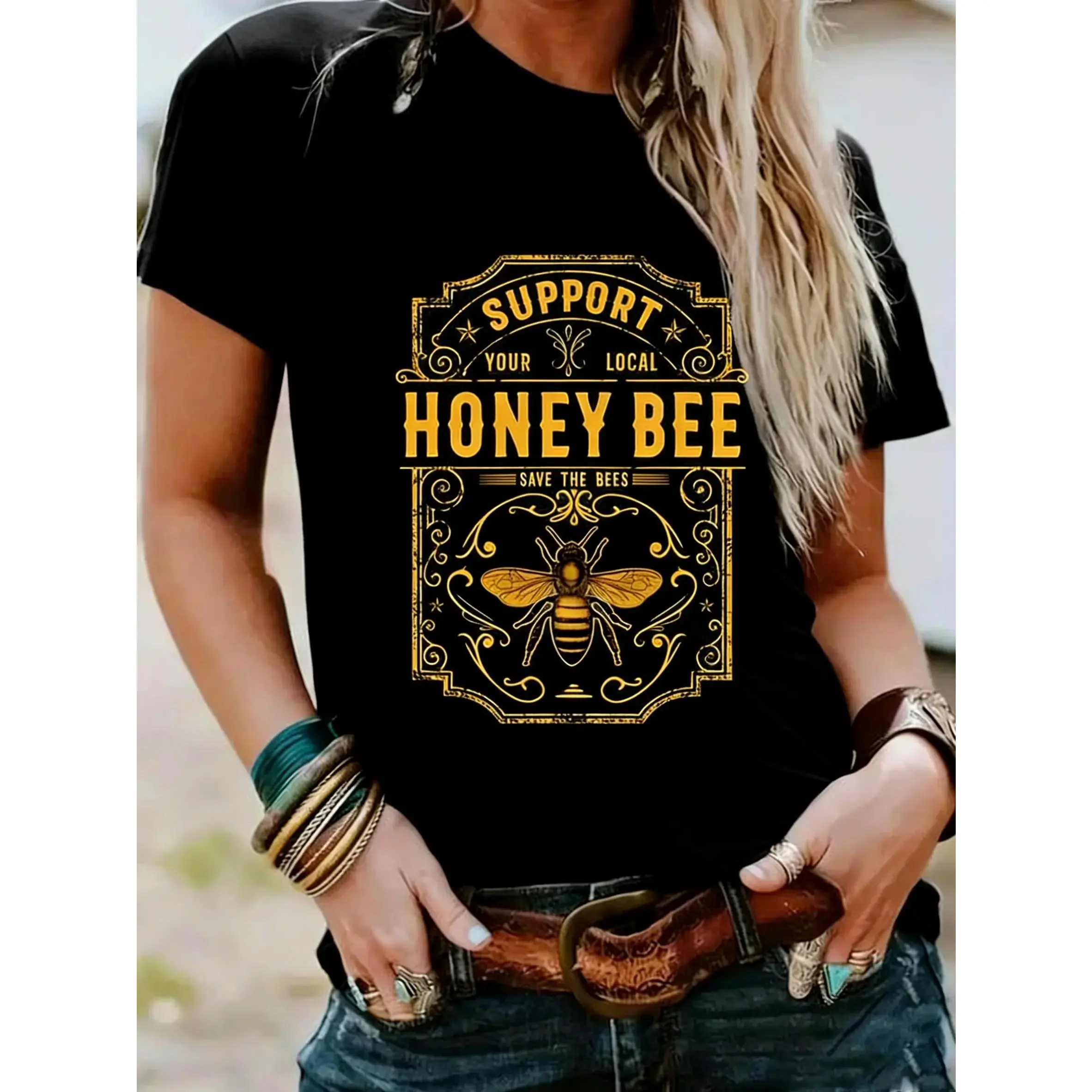 Lady's Vintage Honey Bee Print Soft Round Neck Short-Sleeve Casual T-Shirt, Daily Wear Graphic Top, Tshirt