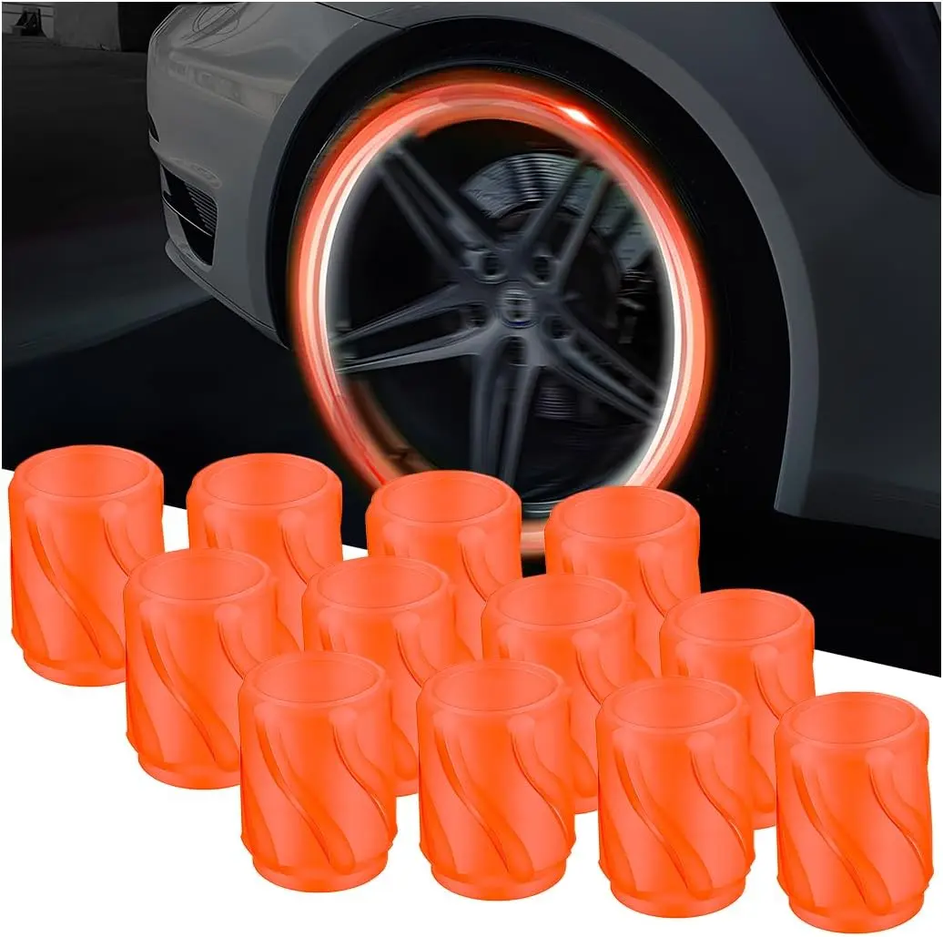 Mandark 12PCS Car Luminous Tire Valve Caps, Fluorescent Night Glowing Vehicle Air Stem Covers, Illuminated Glow in Dark Automotive Decor Tire Air Caps, Universal for SUV, Truck, RV(Orange)