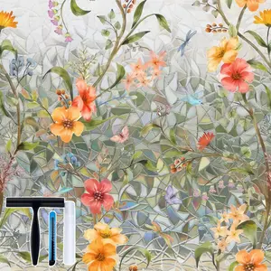 Stained Glass Window Film with Installation Tools, Rainbow Window Privacy Film, Decorative Window Clings for Glass Windows, Static Cling Sun Blocking Floral Decals, 17.5 x 78.7 Inch