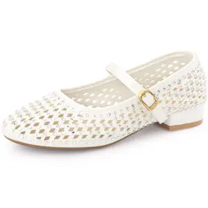 BLISSFUL STEP Women's Rhinestone Round Toe Low Block Heels Cream Pumps