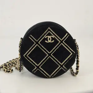 Pre-owned CHANEL velvet Crossbody Bags Round Clutch with Chain Quilted with Sequins