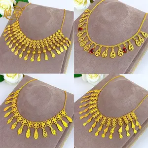 African Crystal Pendant Tassel Necklace For Woman Ethiopian Bride Wedding Gold Color Jewelry Party Dubai Gifts 24K