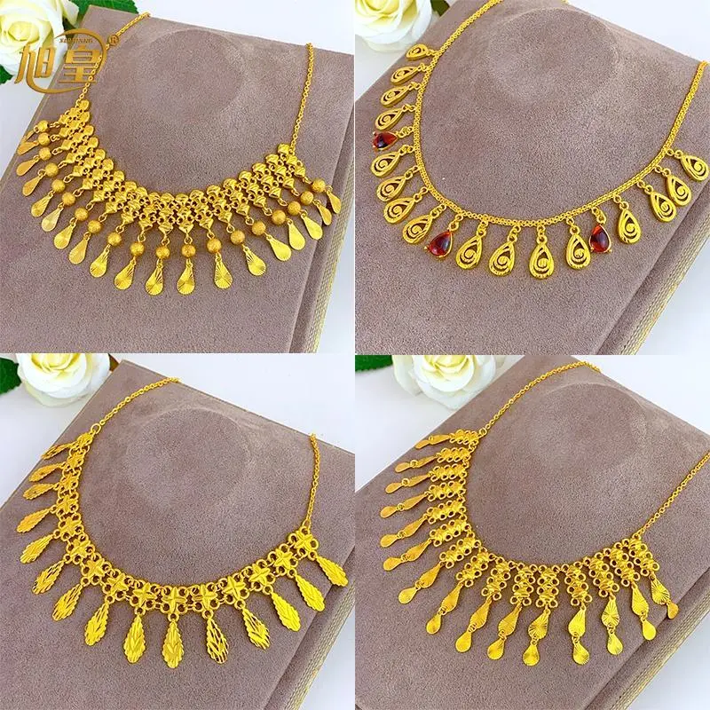 African Crystal Pendant Tassel Necklace For Woman Ethiopian Bride Wedding Gold Color Jewelry Party Dubai Gifts 24K