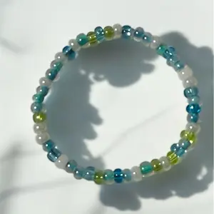 A Blue and Green Seed Bead Bracelet with Beads of Various Colors