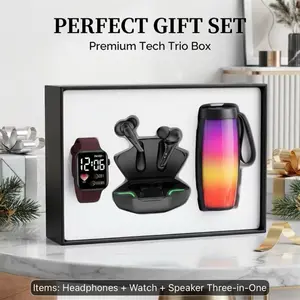 Tech Trio Gaming And Audio Bundle Including True Wireless Wireless Earbuds With Charging Case, Smart Watch, And Portable LED Ambient Light Speaker Cup With Color Changing Effects, Long Battery Life, Clear Sound Quality, Stylish Design