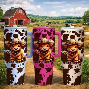 40oz Farm Style Car Travel Mug with Handle, Cute Highland Cow Design, Cow Print Pattern, Large Capacity Tumbler for Hot & Cold Drinks, Fits Car Cup Holder, Leak Resistant Lid, Western Country Gift for Women Men, Road Trip Coffee Cup
