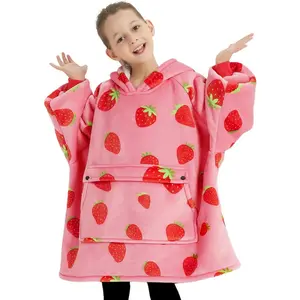 Wearable Blanket Hoodie for Kids Sherpa Patterns Oversized Sweatshirt Blanket With Pocket Gift for 6-10 Year Old Girl Cute Hoodies Strawberry