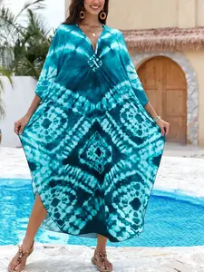 Women's Plus Size V-Neck Tie Dye Floral Boho Casual Kaftan Dresses, Moo Moos Batwing Summer Beach Cover-Up Loungewear, Bathing Suit Cover-Ups for Women, Womenswear, Lady