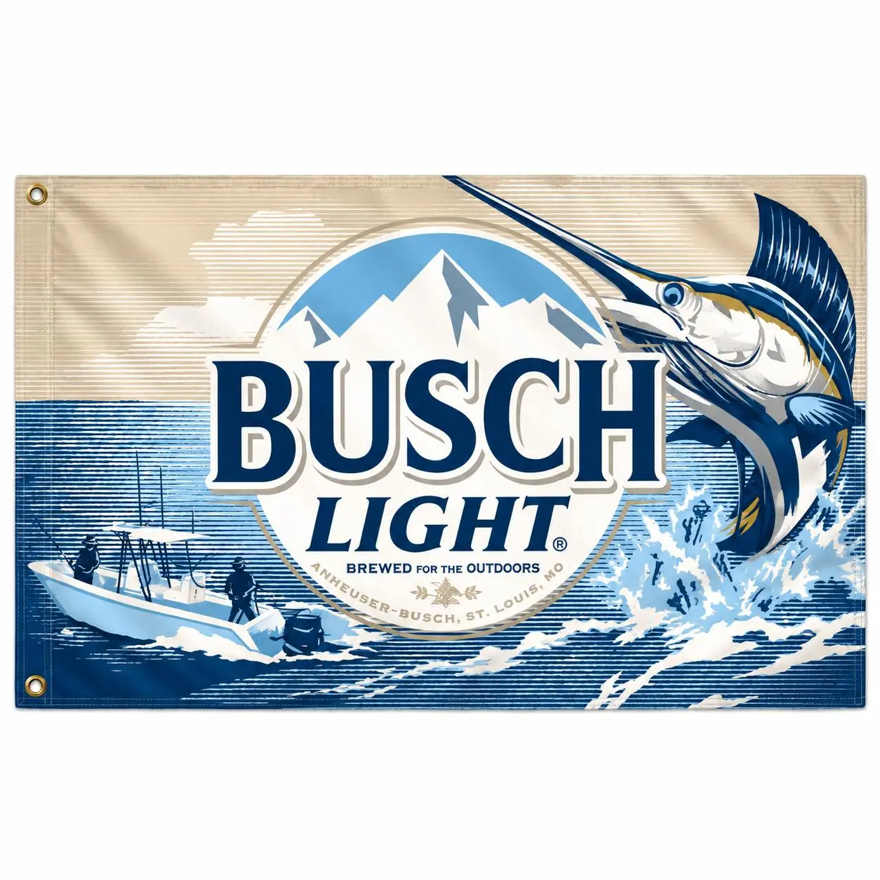 Busch Marlin Fishing Flag 3x5 Ft, Offshore Sportfishing Beer Banner with Boat and Ocean Waves, Coastal Wall Decor for Garage, Man Cave, Fishing Cabin, Dock or Bar