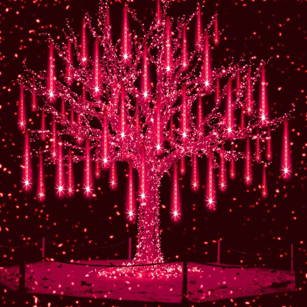Red Led Halloween Lights Outdoor, Christmas Lights Outside, 8 Tube Snow Falling Rain Icicle String Light for Xmas Tree Party Thanksgiving Day Garden Camp Wedding Decorations, UL Plug
