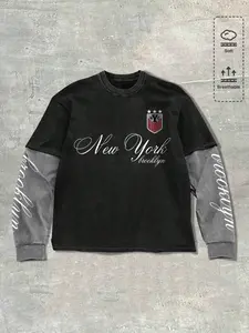 Men's Washed Brooklyn Long Sleeve Crewneck T-Shirt, Nyc Badge Graphic Print, Soft Breathable Fabric, Vintage American Street Style, Casual Spring & Fall