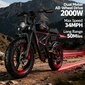 2000W Electric Bike for Adults 50 Mile Long Range 25Ah Battery 330 Lbs Capacity 20 Inch Off Road Tires 7 Speed Hydraulic Disc Brakes Suspension App Control Lights