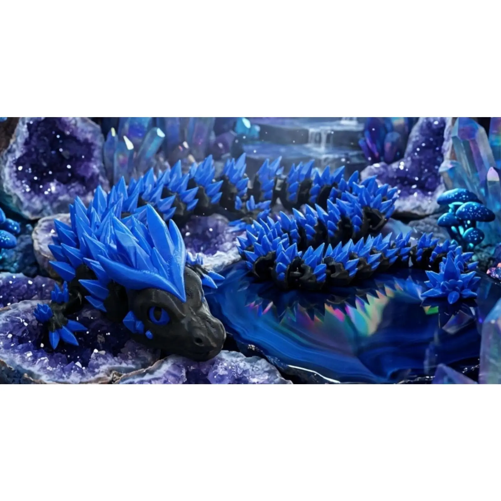 3D Printed Crystal Dragon -PLA- Black and Blue - 2 Ft Long - Articulated dragon