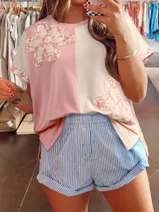 Pink/ White Patchwork Top w/ Floral Patch Detail