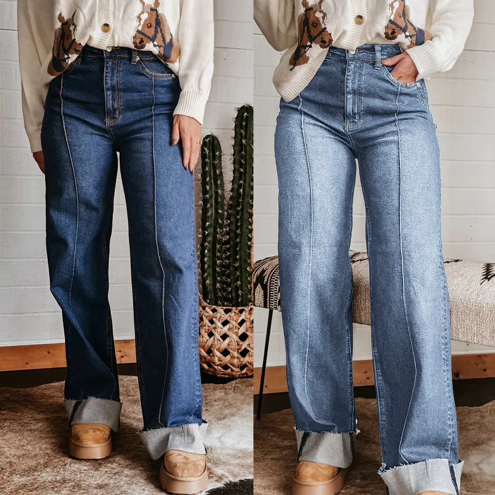 Women's 2026 Spring-Summer High-Waist Retro Flanged Mid-Seam Wide-Leg Jeans, Blue Casual Polyester Streetwear Pants, Trending Women's Clothes, Cotton, Fabric, Pocket, Lady, Cuffed, Vintage Clothing, Wide Legged, Mid Seam Cut, Fitted
