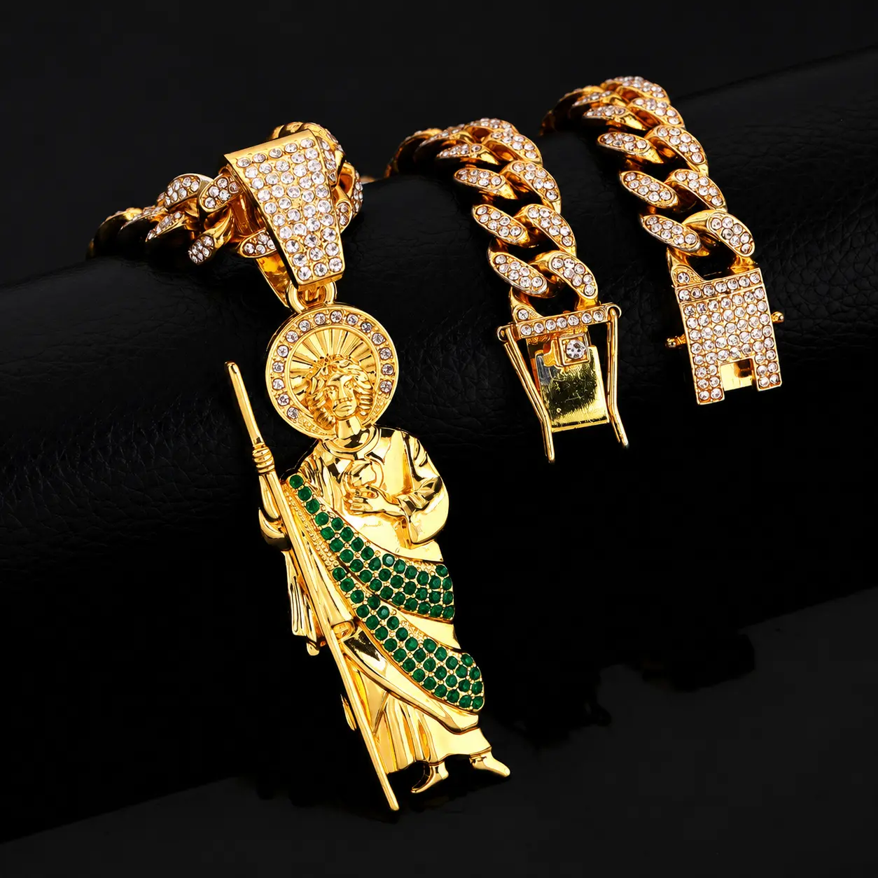 14K Gold-Plated Full Iced-Out Cuban Chain with San Judas / Saint Jude Pendant, Trendy Hip-Hop Stylish Men’s Necklace from Graceful Faith & Daily Luxury, perfect for all occasions and everyday wear