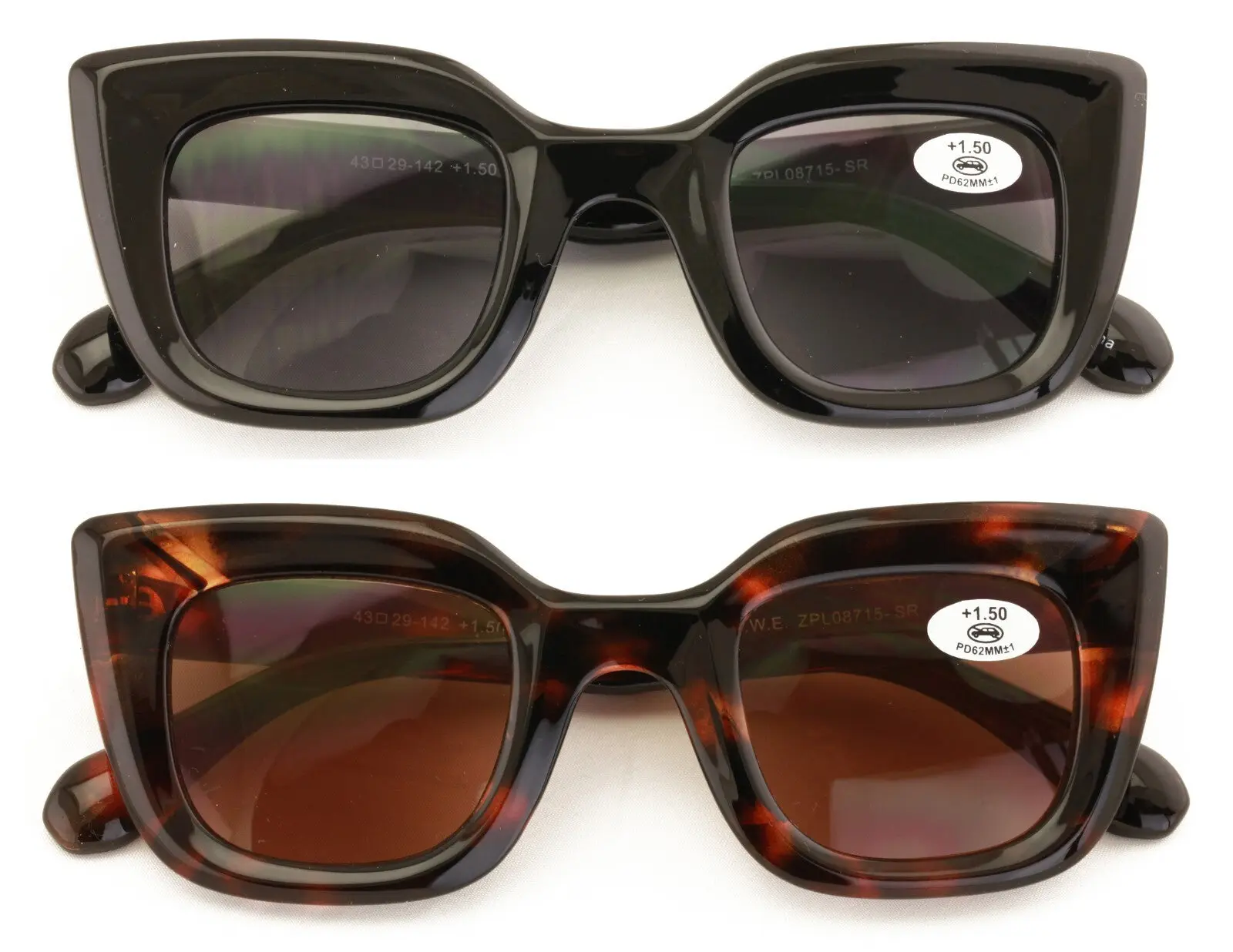 2 Pairs Women Outdoor Reading Sunglasses Oversized Full Lens Readers Square Cate