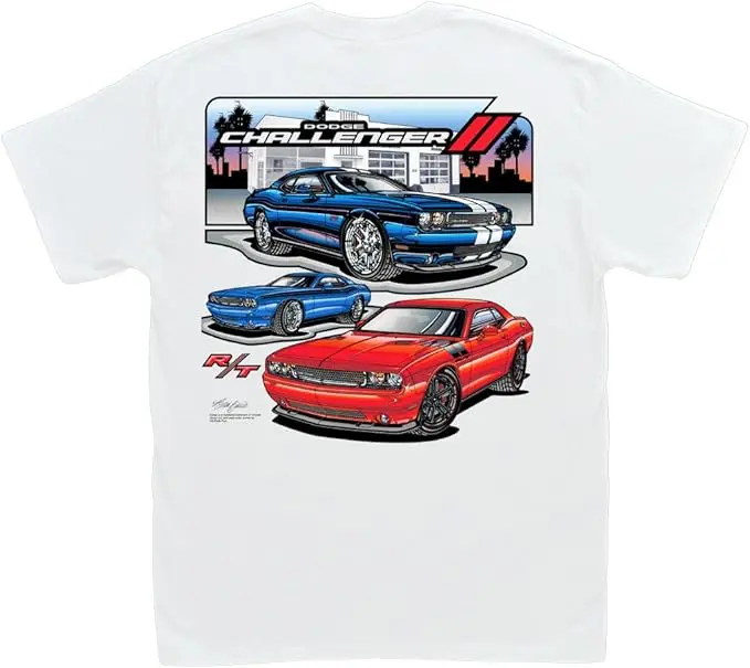 Dodge Challenger White T-Shirt R/T SRT HEMI Scat Pack Hellcat Retro Car Lover Gift Vintage Apparel for Men & Women Medium Size Made in USA 100% Cotton Crewneck Unisex Graphic Tee