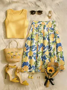 Boho Style Plus Size Women's Set, Casual Sleeveless Blouse & Flowy Printed Skirt, Comfortable Loose Fit, Perfect for Travel & Parties