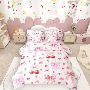 Feelyou 7-Piece Cherry Bow Bedding Set - Girls' Pink Ribbon Bow Comforter, Sheets, Bed Bag, Kawaii Princess Style, Romantic Design, Girly Bedroom Decor