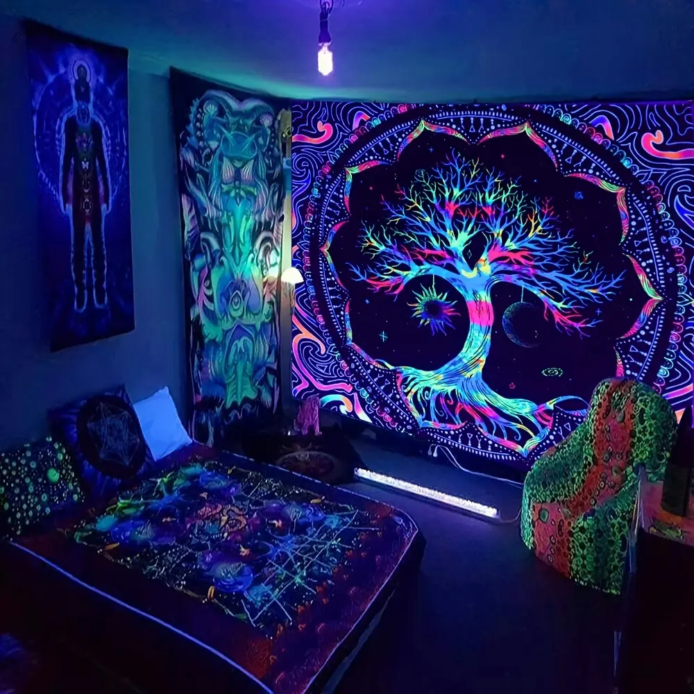 1pc Peach Skin 90gsm Psychedelic Tree of Life Black Light Tapestry, Psychedelic Mandala Fluorescent Hanging Cloth, UV Black Light Decorative Cloth, for Home Living Room Use