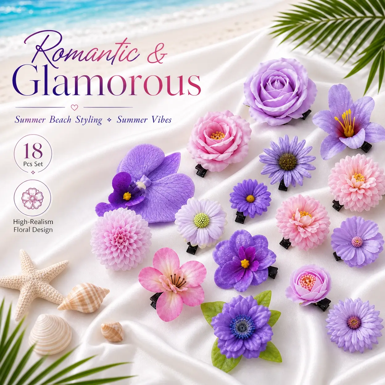 RIDDSEE 18Pcs Elegant Floral Hair Clips Set - Non-Slip Realistic Silk+Metal Vibrant/Neutral Barrettes, Decorative Hair Accessories for Beach, Ceremony, Music Festival, Daily Use