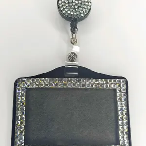 Silver horizontal badge id holder with rhinestones