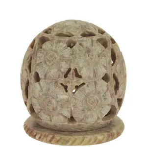 Burner for Cones and Candle Holder - Soapstone Carved Tea-Light Ball - Flowers 3 inches