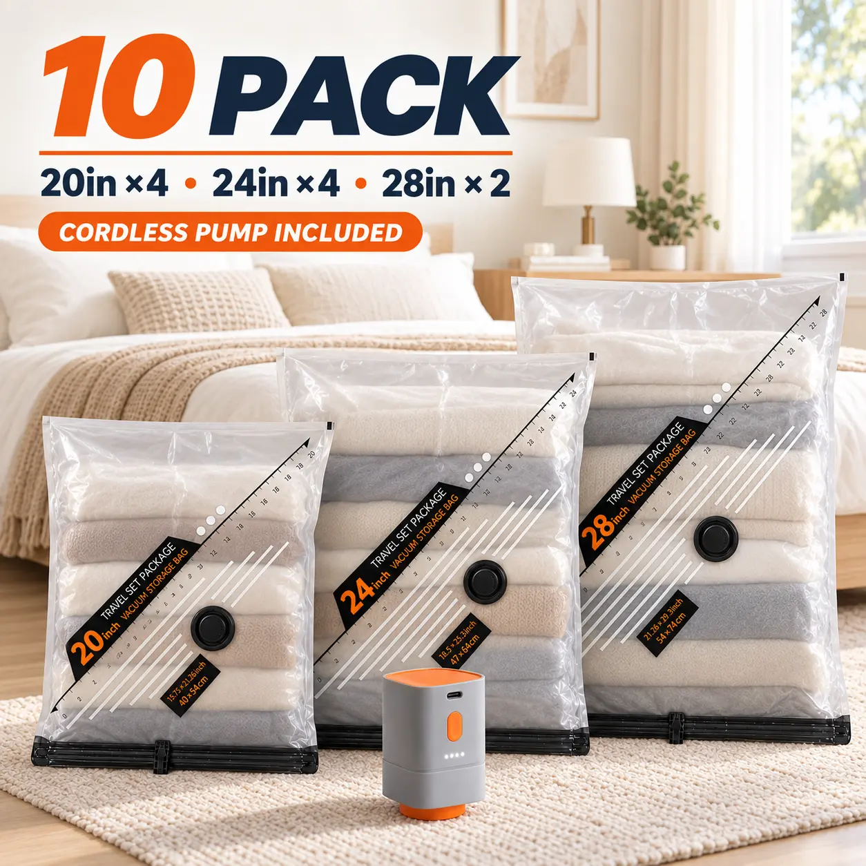 10 or 15 Pack Vacuum Compression Storage Bags with Portable Electric Air Pump, 3 Size Clear Bag Set for Clothes, Winter Coats, Comforters, Bedding, Blankets, Pillows, Closet Organization, Home Storage, Dorm Rooms, Moving and Packing