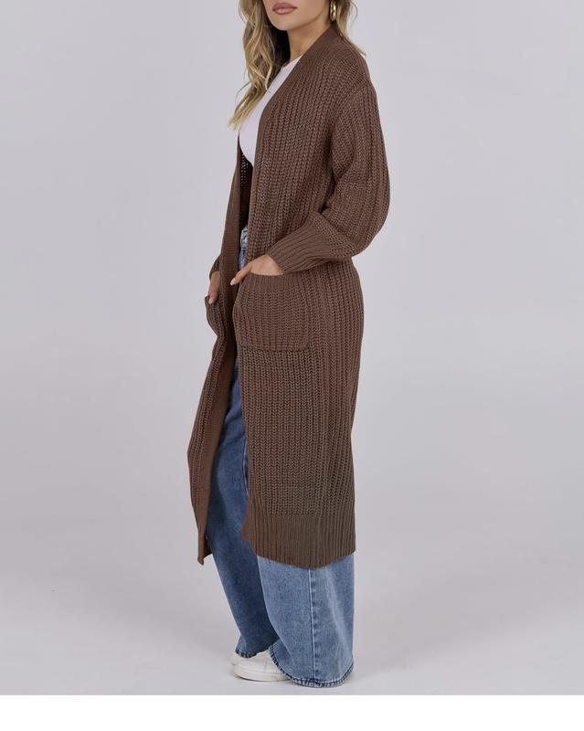 Long Cuff Sleeve Open Front Knit Long Duster Coat With Pockets Long Cuff Sleeve Open Front Knit Long Duster Coat With Pockets