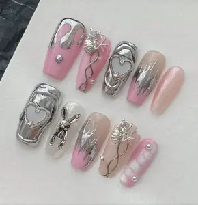 10pcs Press On Nails  Pink Silvery Love Cute Sweetheart  Office DailyWear False Nails Artificial Nails Kit