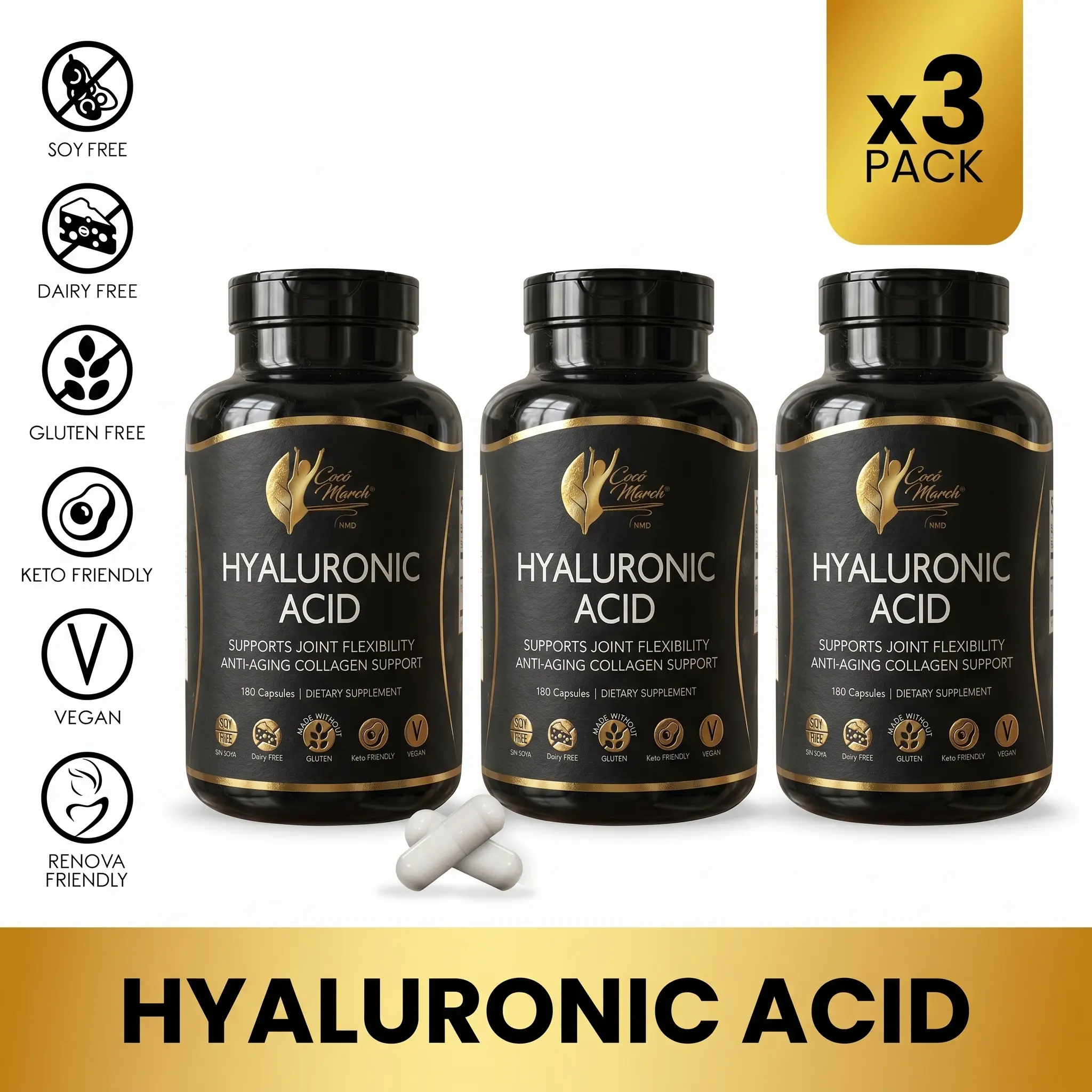 3 Bottles of Cocó March N.M.D Hyaluronic Acid Health Supplement - Up to 180 Servings per Bottle - 6 month supply
