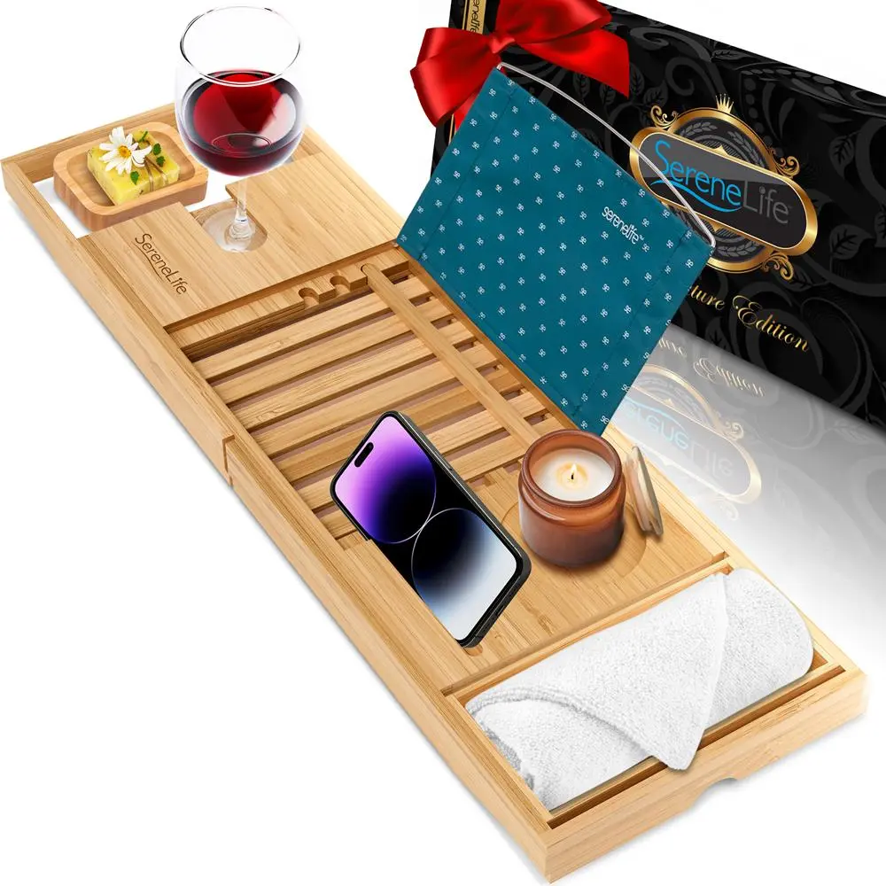 Adjustable Natural Bamboo Expandable Bathtub Caddy Tray with Extendable Arms, Waterproof Bathroom Organizer, Book/Tablet/Phone Holders, Wine Glass Slot & Soap Box - Bath Accessory, New Home Gift, Wooden