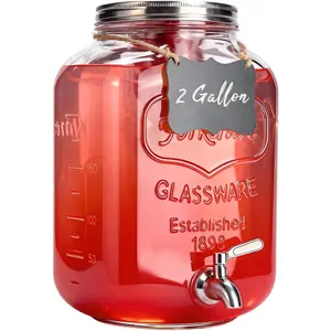 2 Gallon Glass Drink Dispenser for Parties Beverage Dispenser Lemonade Dispenser with 304 Stainless Steel Leakproof Spigot for Sun Tea Picnic Homemade Juice