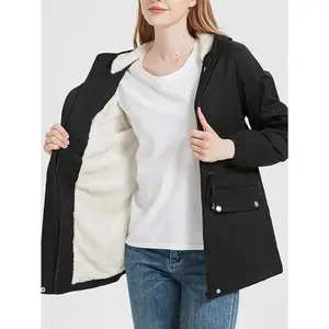 Winter Thermal Hooded Jacket - Plush Lined Zip Up Coat, Casual Long Sleeve Drawstring Waist Outerwear For Women Cozy Hooded Zip Up Jacket For Women Stylish Drawstring Waist Outerwear Women'S Thermal Winter Jacket Fit Solid Basic Womenswear