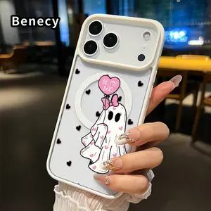 Magnetic Phone case for iPhone 17 Pro Max 17 Air Ghostly Sweetheart Pattern Non-Yellowing Shockproof Soft Silicone Transparent Acrylic Cover Supports Wireless Charging