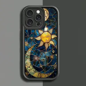 Vintage Phone Case Moon and Sun Pattern Case for IPhone 17 16 15 14 Pro Max 13 12 11 XR XS Plus Shockproof Non Slip Military-Grade Protection Silicone Cover